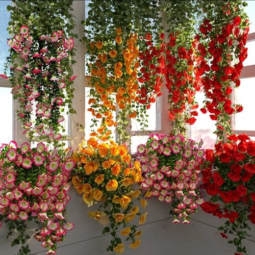 8 Pcs Artificial Hanging Flowers for Outdoors Fake Morning Glory for Home Decoration UV Resistant Mixed Color Greenery and Flowers for Porches Gardens Yard Decor (Warm Color) - color: Warm Color