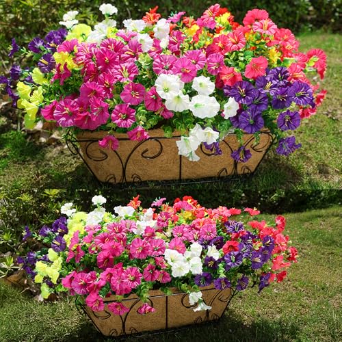 HyeFlora Artificial Flowers for Outdoors Fake Plants Outside Decoration, 12 Bundles Silk Colorful Morning Glory with Eucalyptus UV Resistant Realistic Faux Flowers for Planter Porch Patio Yard Garden - color: Six Mixed(2 Purple, 2 Red, 2 Fuchsia, 2 Hot Pi