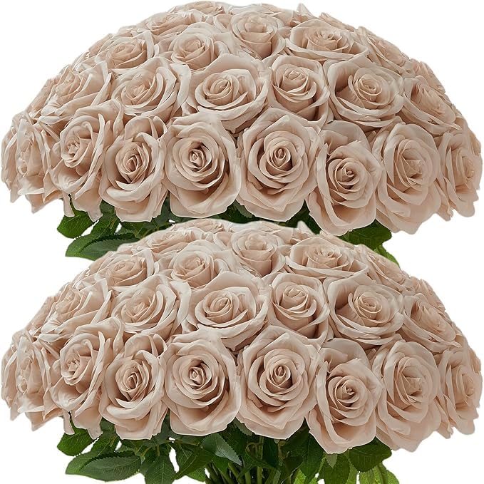 100 Pcs Nude Roses Artificial Flowers in Bulk, Long Stem Artificial Flower Bouquet, Silk Fake Rose for Wedding Party Table Centerpieces Decor Valentines Gifts - color: Nude