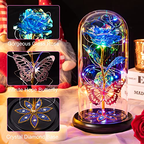 Pusuny Mothers Day Flowers Gifts for Mom Women Birthday Gift Galaxy Glass Rose Eternal Crystal Flowers Rose in Glass Dome with Butterfly Mother's Day Roses Gifts for Mom Daughter Wife Grandma Blue - color: C Blue