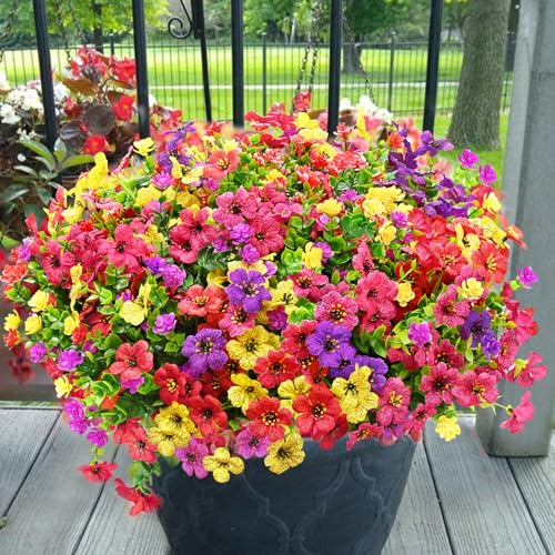 Yastouay Artificial Flowers for Outdoors, 22 Bundles UV Resistant Artificial Outdoor Flowers, Realistic Fake Outdoor Flowers Plant Faux Flowers for Outdoor Planters Front Porch Patio Window Box - color: Purple+fuchsia+red+yellow, size: 22 Bundles