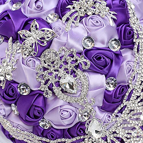 Sharebeauty 9.4 Inch Handmade Satin Rose Bridal Bouquet Toss Round Wedding Bouquet Throw Toss Artificial Flower Bunch Purple + Light Purple - color: W28717 Purple/Light Purple, size: 9.4"/24cm