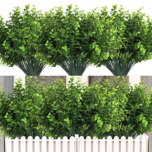 RECUTMS Artificial Boxwood Stems Fake Plant 12 Large Pieces, Faux Farmhouse Greenery Shrubs to Brighten up Your Wedding Home Kitchen Garden Patio Yard Indoor Outdoor Decor(Eucalyptus) - color: Eucalyptus, size: 12 Pcs