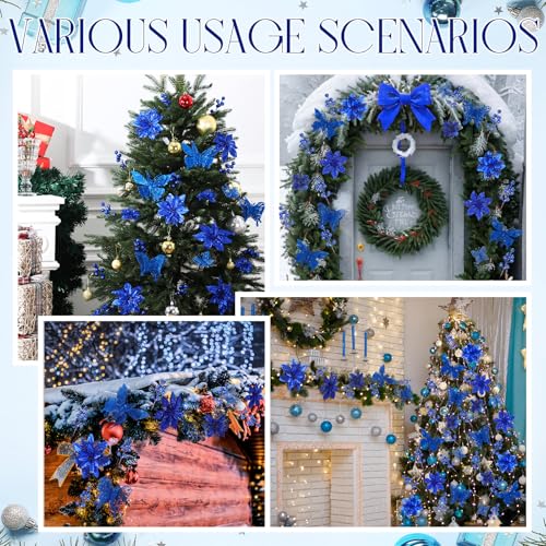 Thiccywoov 122 Pcs Christmas Glitter Poinsettia Artificial Flowers Berry Picks Butterfly Christmas Tree Ornaments 3 Styles Poinsettia kit with Clip for Xmas Wreath Home Tree Decor(Royal Blue) - color: Royal Blue