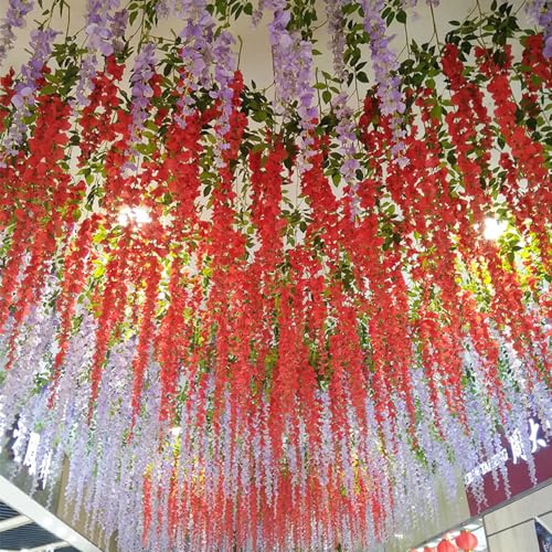 WEISPARK Fake Hanging Flowers - 12 Pieces 3.75 Feet/Piece Artificial Wisteria Vine Ratta Hanging Garland Silk Flowers for Home Party Wedding Decor (Red) - color: Red