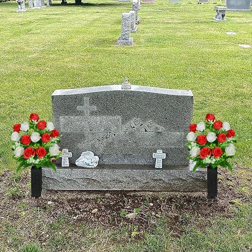 Artificial Cemetery Flowers, Set of 2 Grave Memorial Flowers with Vase, Artificial Rose Bouquet for Cemetery Headstones Gravesites Decoration (Red & White) - color: Red & White