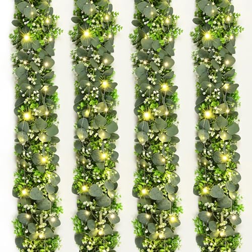 4Pcs Eucalyptus Garland with Lights, Greenery Garland, Green Garland with Flowers, 5.9FT Artificial Faux Eucalyptus Leaves Vines for Table Mantle Home Wedding Party Indoor Outdoor Decor - color: Eucalyptus Garland With Lights, size: 4Pcs