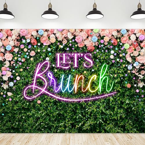 Riyidecor Green Leaves Let's Brunch Backdrop Polyester Fabric Neon Pink Rainbow Floral 7Wx5H Feet Greenery Photography Background Grass Lawn Women Brunch Party Photo Studio Shoot - color: A-Green Brunch, size: 7Wx5H