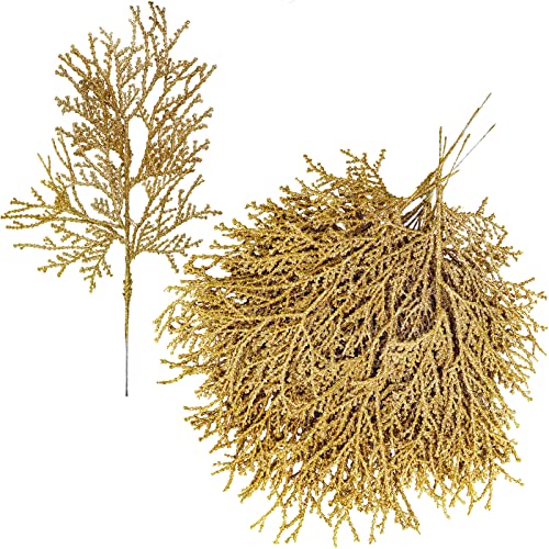 15 Pcs Gold Glitter Artificial Cedar Sprigs Picks Faux Cedar Branches Stems Christmas Tree Picks Sprays 15.4" H for Gold Christmas Tree Wreath Wedding Bouquet Winter Seasonal Holiday Decoration - color: Gold