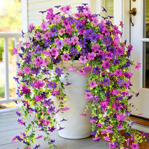 CCILAND 2 PCS Artificial Hanging Flowers for Outdoors, Fake Flower Plants UV Resistant Faux Hanging Spring Flowers for Home Porch Garden Patio Yard (Double Purple) - color: Mix Light Purple and Purple