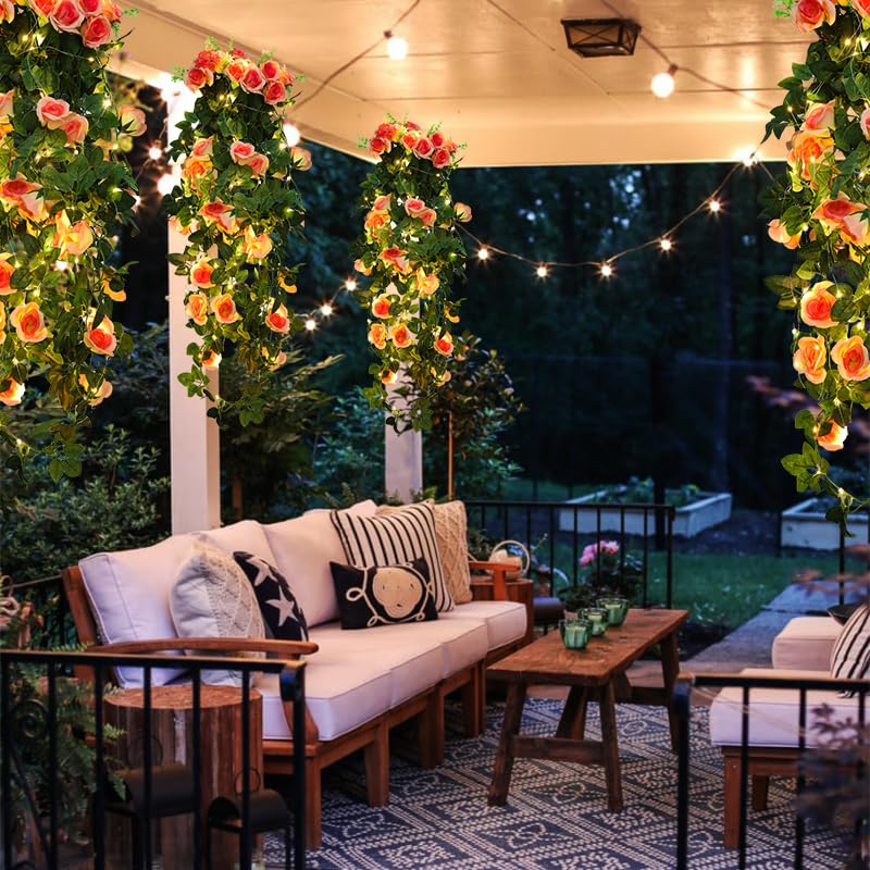 RECUTMS Artificial Hanging Rose Flower Plants, 4 PCS 37 Inches Light Pink Fake Floral Ivy Garland with 30 LED Fairy String Lights for Home Garden Wedding Bridal Shower Derby Party Indoor Outdoor Decor - color: Light Pink, size: 4pcs light