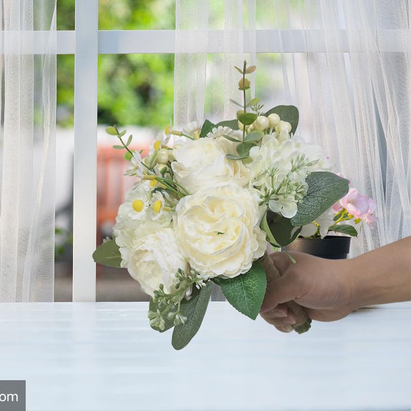 9in Artificial Bridal Bouquet - White Roses Fake Flowers with Eucalyptus/Daisy ，Wedding Photography Props, Bridesmaid Bouquet，Realistic Silk Material (Set of 2 Bridesmaid Bouquets)