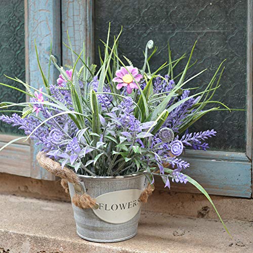 Artificial Lavender Plant 10" Purple Flowers in Galvanized Pot - Fake Potted Plant for Home Decor, Farmhouse Living Room, Bedroom, Bathroom, Coffee Table - color: Lavender Flower With Red Daisy