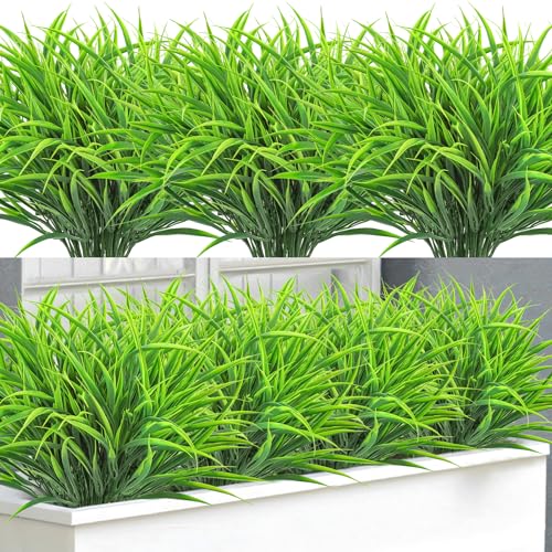 Ouddy Decor 16 Bundles Artificial Plants Outdoor Fake Grass Greenery Stems UV Resistant Faux Plastic Shrubs for Spring Summer Garden Pathway Window Box Front Porch Home Decor, Green - color: Green