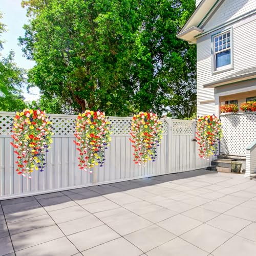 4 Pack Artificial Faux Hanging Flowers Plant for Outdoor, Fake Silk Morning Glory with Eucalyptus UV Resistant Realistic Trailing Vine for Wall Home Porch Patio Balcony Yard Indoor Decor, Mix Color - color: Mix Color