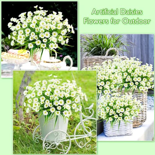 obbsie 12 Bundles Artificial Daisies Flowers Outdoor UV Resistant Fake Silk Daisy Mums Flowers No Fade Faux Greenery Plants for Home Wedding Garden Window Box Outdoor Planters Spring Decor - White - color: White,green, size: 12 Pcs