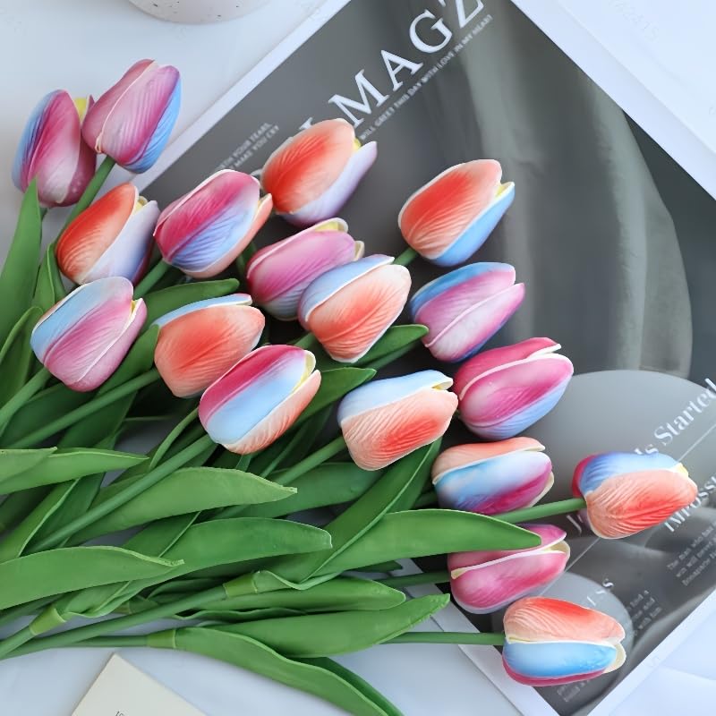 Artificial Flowers Tulips Fake Flowers Real Touch Latex Tulips Faux Flowers Bouquet for Wedding Party Arrangements Home Decor and Baby Shower Centerpieces (10, Colorful) - color: Colorful