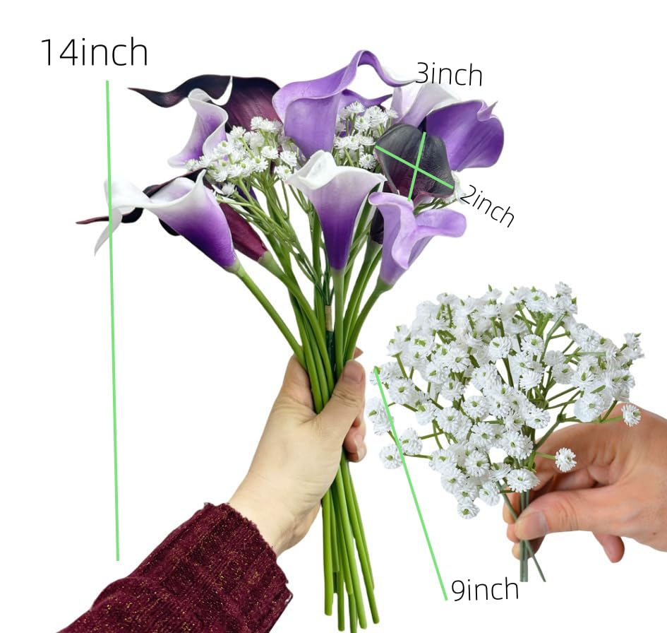 15pcs Artificial Flower Calla Lilies with Babys Breath 14" Mix Purple Flowers Bulk, Real Touch Plastic Flower for Wedding Bridal Bouquet Centerpiece,Spring Mother's Day Easter Home Decor
