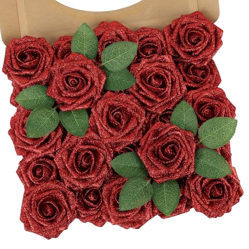 N&T NIETING Artificial Flowers Glowing Red Flowers Foam 25pcs Glitter Roses Real Touch Fake Roses with Stem for DIY Wedding Bouquets Centerpieces Bridal Shower Party Home Tables Halloween Decorations - color: Glitter Red, size: 25pcs