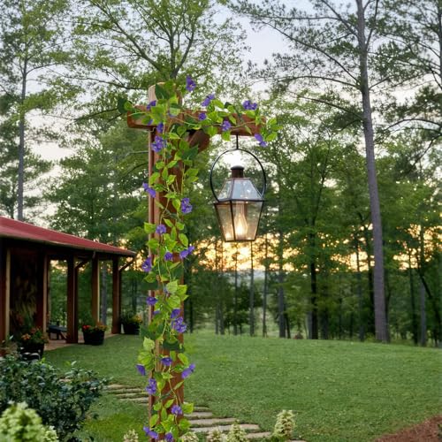 CISDUEO 2 Pcs Artificial Vines Silk Morning Glory Vines for Outdoor 15Feet Purple Hanging Plants Garland Fake Green Plant Morning Glories for Home Decor Wall Fence Stairway Wedding Hanging Baskets - color: Purple 2