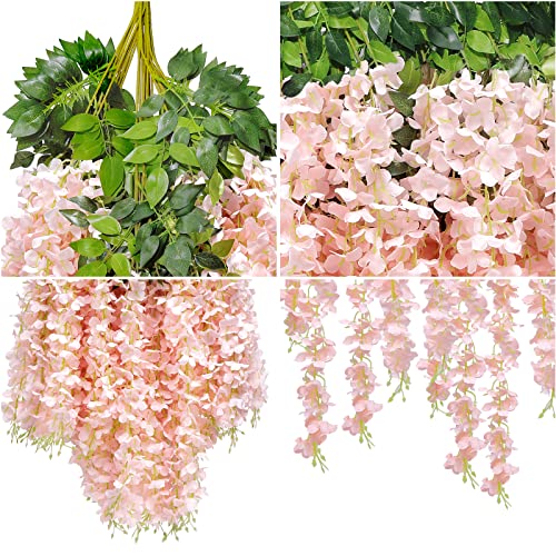 U'Artlines 24 Pack(Total 43.2 Feet) Artificial Fake Wisteria Vine Rattan Hanging Garland Silk Flowers String Home Party Wedding Decor (24, Light Pink) - color: Light Pink