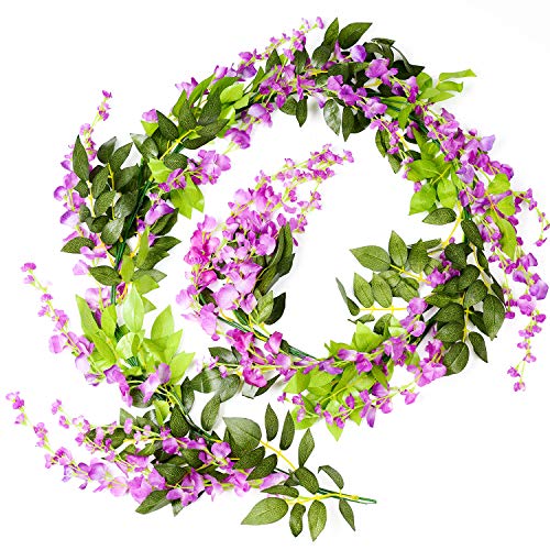 DearHouse 4Pcs 6.6Ft/Piece Artificial Flowers Silk Wisteria Garland Artificial Wisteria Vine Rattan Silk Hanging Flower for Home Garden Outdoor Ceremony Wedding Arch Floral Decor - color: Purplish Red