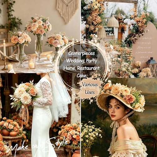 Terracotta Artificial Flowers Combo Box Bulk Nude Cream Silk Roses Dahlia with Freely Combined Stems Bridal Wedding Bouquets Cake Flower Beige Gold Boho Floral Arrangements Baby Shower Party Decor - color: Nude, Beige, Terracotta