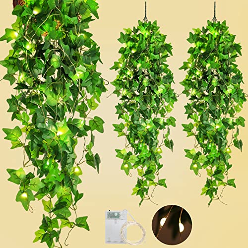 RECUTMS Hanging Fake Plants 4 Pack Artificial Vines Silk Ivy Greenery Garland with 30 LED Fairy String Lights Indoor and Outdoor Home Garden Hotel Green Leaves Wedding Bedroom Office Decoration - color: Hang-green Light