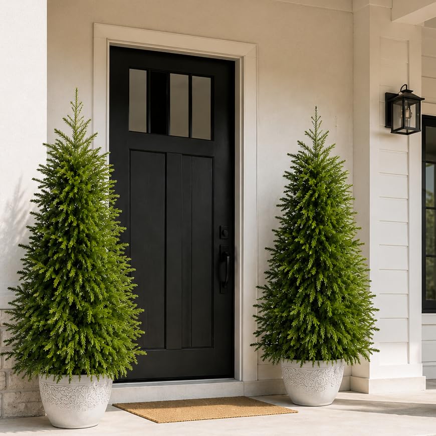 4FT Lighted Artificial Topiary Trees Outdoor Set of 2, Norfolk Pine Trees with Warm White Lights, Potted Faux Evergreen Trees for Front Porch, Entryway, Patio, Christmas Indoor Outdoor Decor