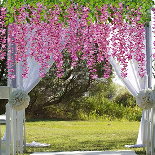 U'Artlines 24 Pack (Total 86.4 Feet) Artificial Fake Wisteria Vine Rattan Hanging Garland Silk Flowers String Home Party Wedding Decor (24, Purple Red) - color: Purple Red