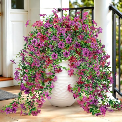 QCQHDU Artificial Hanging Flowers for Outdoors,2Pcs Fake Hanging Plants 29.5 Inch Long for Spring Summer Decoration,UV Resistant Faux Flowers for Patio Porch Garden Yard Decor, Light Purple Red - color: Light Purple Red