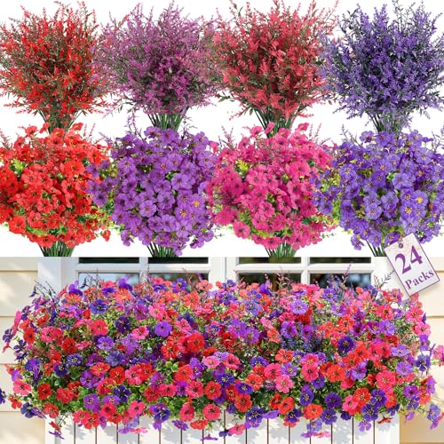 SHareconn 24 Bundles Artificial Flowers for Outdoors Decoration,Faux Plants Fake Silk Colorful Daisy Eucalyptus Lavender,UV Resistant for Outside Home Porch Indoor Spring Decor,RedRosyPurpleDeeppurple - color: Redrosypurpledeeppurple