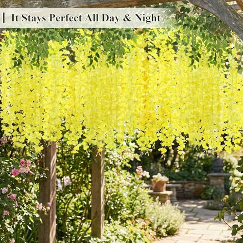 U'Artlines 24 Pack (Total 86.4 Feet) Artificial Fake Wisteria Vine Rattan Hanging Garland Silk Flowers String Home Party Wedding Decor (24,Yellow) - color: Yellow