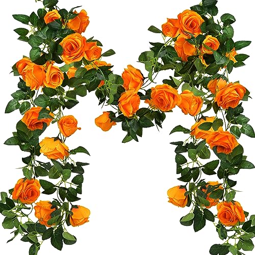 FiveSeasonStuff Warm Orange Artificial Rose Garlands, Four Separate Faux Flower Vines with Greenery - color: Mandarin Orange