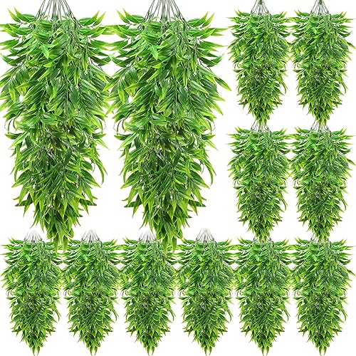 Hoteam 12 Pcs Artificial Hanging Plants 32 Inch Fake Ivy Vines with Fake Leaves Patio Artificial Plants Greenery for Living Room Indoor Outdoor Wall, No Basket (Bamboo Leaf) - color: Bamboo Leaf