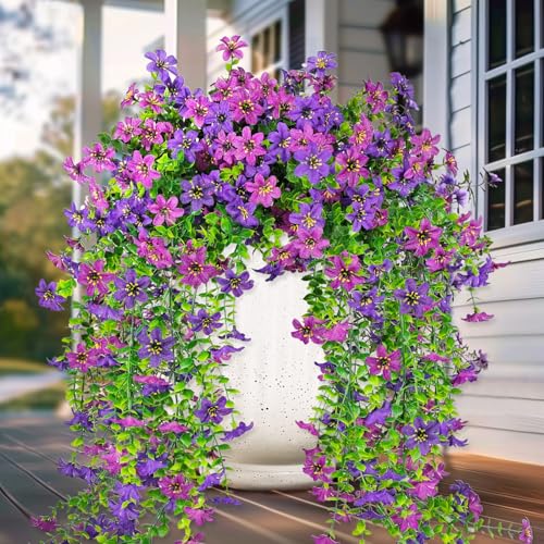 4 PCS Artificial Hanging Flowers for Outdoors, Fake Hanging Plants UV Resistant Faux Silk Daisy with Eucalyptus Leaves for Outside Home Indoor Planter Porch Patio Balcony Yard Decor (Double Purple) - color: Double Purple