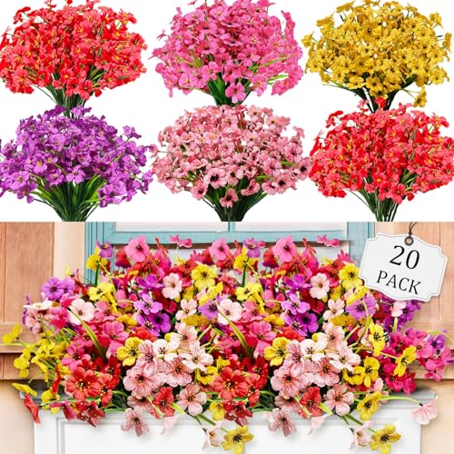 20 Pcs Plastic Flowers for Outdoors, Fake Outdoor Artificial Flowers for Outdoors UV Resistant, Fake Plants Artificial Plants Outdoor Plastic Plants, Silk Faux Spring Flowers for Outside - color: Spring, size: 20Pcs