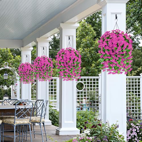 Artificial Hanging Flowers for Outdoors, 2 Pack Fuchsia Silk Morning Glory Fake Flowers UV Resistant Faux Petunias Hanging Artificial Plants Trailing Vines for Porch Garden Spring Summer Planter Decor - color: Fuchsia