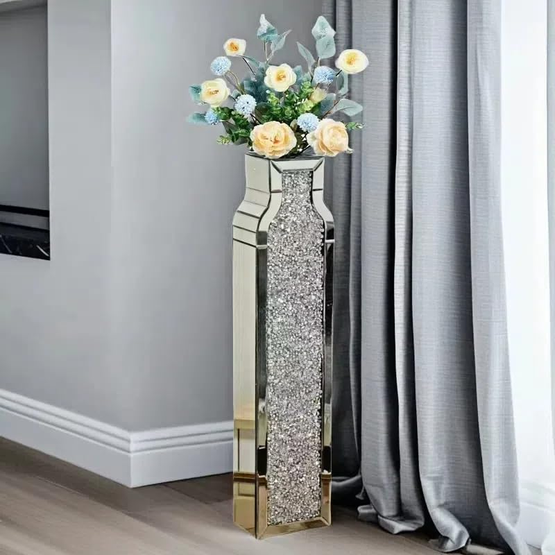 30" Tall Floor Vase, Double Sided Crushed Diamond Mirrored Vases,Large Flower Vase for Home Decor, Mirror Glass Decorative for Living Room,Office,Centerpiece (Crushed Diamond:4.7''L X 6.8''W X 30''H) - size: Crushed Diamond:6.8"L X 4.7"W X 30"H