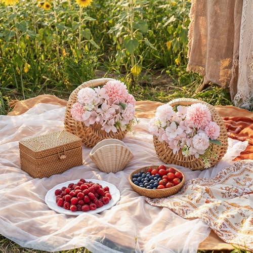Dimeho 3 Pcs Rattan Flower Girl Basket, Small Wicker Basket with Handle Lightweight Rustic Elegant Flowers Holder for Wedding Party Wedding Flower Girl Home Decoration