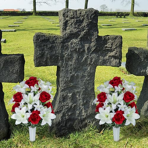 XONOR Artificial Cemetery Flower for Graves, Set of 2 Cemetery Memorial Flowers with Vase for Gravesite Outdoor Headstone Tombstone Decorations, White Lily Red Rose Flowers Bouquets - color: White
