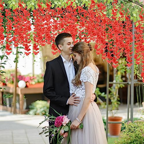 U'Artlines 24 Pack (Total 86.4 Feet) Artificial Fake Wisteria Vine Rattan Hanging Garland Silk Flowers String Home Party Wedding Decor (24, Red) - color: Red