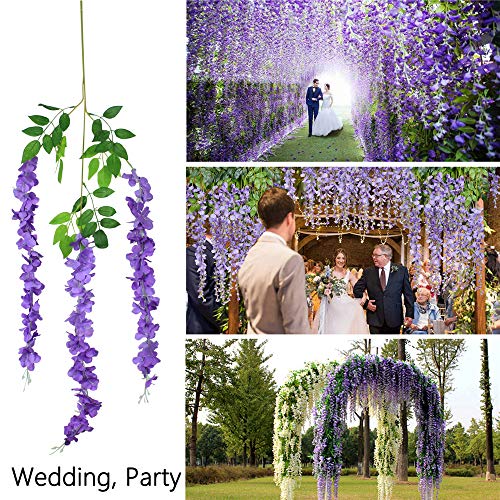 12pcs Artificial Wisteria Flowers 3.6 Feet/Piece Purple Dense Artificial Fake Wisteria Vine Ratta Hanging Garland Silk Flowers String Home Party Wedding Decor（Purple-Dense） - color: Purple, size: 12 PCS