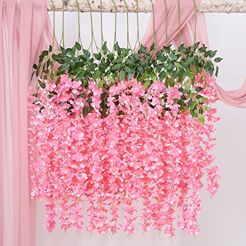 Duovlo 12 Piece Artificial Silk Wisteria Vine 3.6 Feet Ratta Hanging Flower Garland String Home Party Wedding Decor (Dark Pink) - color: Dark Pink