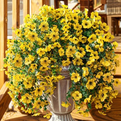 Suncalla 4 Pcs 30In Artificial Hanging Flowers for Outdoor Planter 156 Branches Trailing Faux Potted Plant Fake Floral UV & Fading Resistant for Wedding Patio Spring Summer Decor(Yellow) - color: Yellow