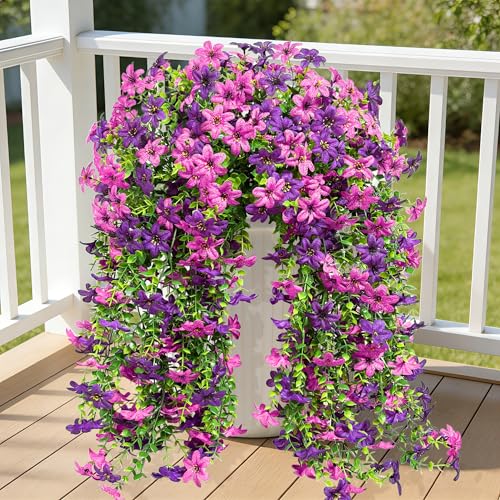 Roberly 4 Pcs Artificial Hanging Flowers for Outdoors, Realistic Faux Silk Flowers UV Resistant Fake Greenery Plants for Spring Summer Garden Porch Indoor Outdoor Home Decor, Purple Fuchsia - color: Purple Fuchsia