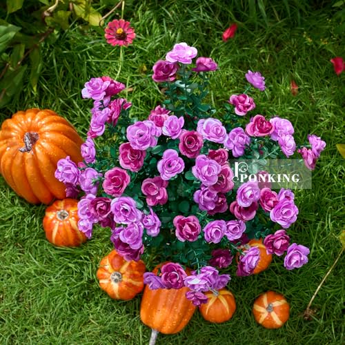 Artificial Flowers for Outdoors Patio Decoration 6 Bundles Fake Flower Rose Head UV Resistant Faux Plants Yard Garden Porch Home Boxwood Planter Patio Decor, Mix Light Purple & Deep Purple Flower - color: D Purple Rose 6pcs