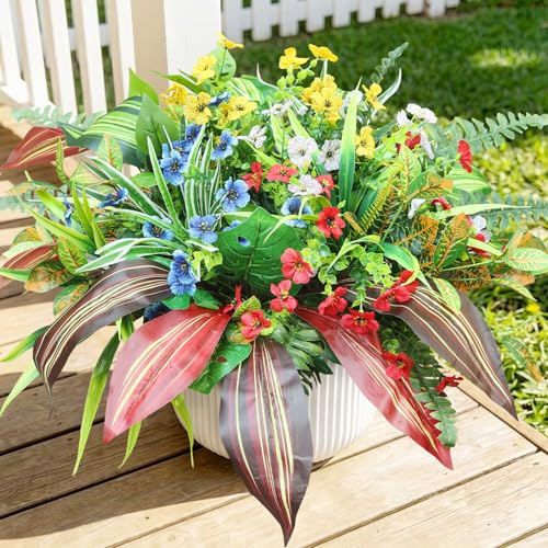 20 Bundles Artificial Plants Outdoor with Colorful Flower UV Resistant Fake Greenery Shrubs Realistic for Porch Patio Window Box Garden Planter Outside Home Decor - color: Red Yellow Blue White, size: 20
