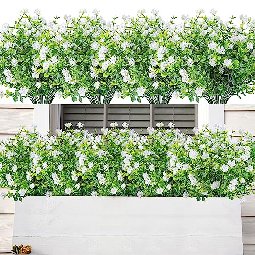 AmyHomie 20 Bundles Artificial Flowers for Outdoor Outside Spring Summer Decoration UV Resistant Faux Flowers No Fade Fake Plastic Plants Garden Porch Window Box Decorating - color: White-eucalyptus, size: 20