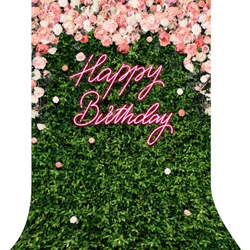 Riyidecor Flower Wall Happy Birthday Backdrop Neon Green Leaves Pink Rose Floral Blossom Botanical Plant Nature 5W*7H Feet Women Girls Photography Background Bday Party Photo Studio Shoot Fabric - color: A-Birthday （Green Rose）, size: 5Wx7H